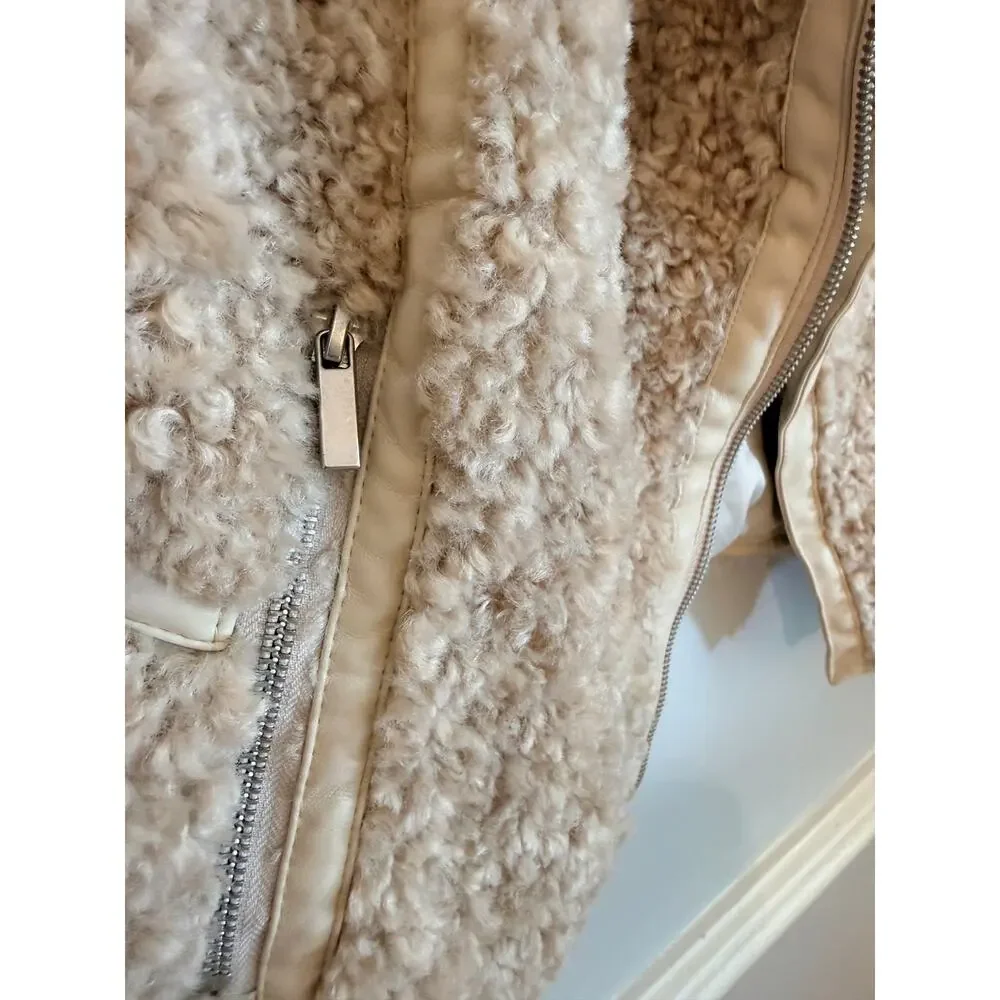 Anthropologie Teddy Faux Fur Moto Vest Cream Beige Size Small